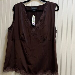 Style & Co. Chocolate Brown Satin Lace Trim V-Neck Tank
